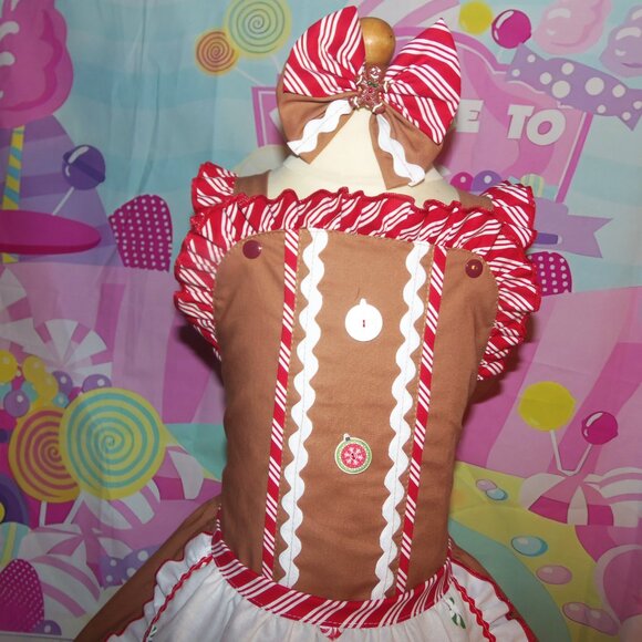 Gingerbread Cookies Christmas Party New Year Party Kids Girl Dress Apron Bow - Picture 2 of 7